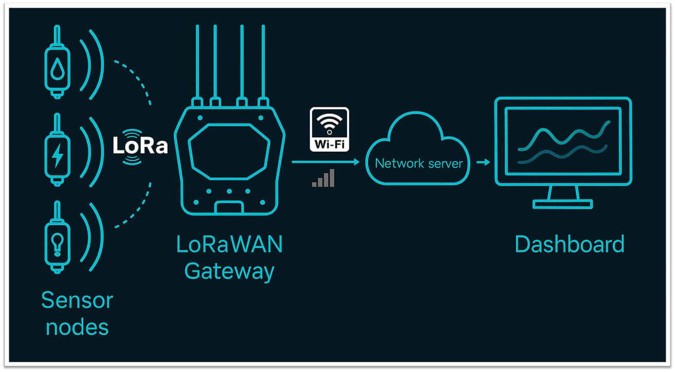 LoRaWAN system architecture diagram showing sensors communicating wirelessly via gateway to cloud dashboard